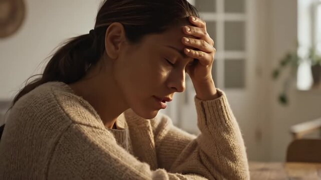 Young woman experiencing stress and anxiety holding her head in frustration while working from home a relatable portrait of burnout and mental health challenges