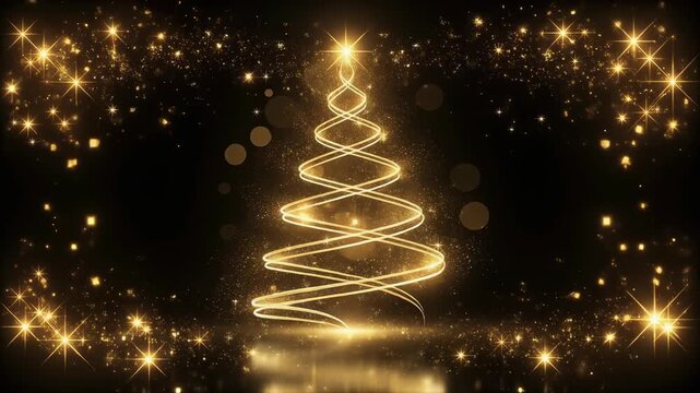 Elegant glowing golden Christmas tree with sparkling lights and festive holiday decoration background