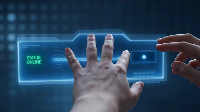 Person activating digital interface with glowing blue button - 4k video