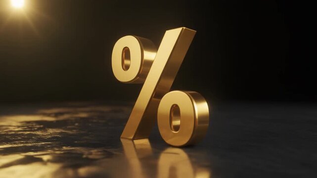 Slow-motion video of rotating golden percentage symbol with dramatic lighting for financial or marketing themes