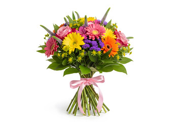 Obraz premium Vibrant Colorful Flower Bouquet with Pink Ribbon - Fresh Floral Arrangement Isolated on White Background