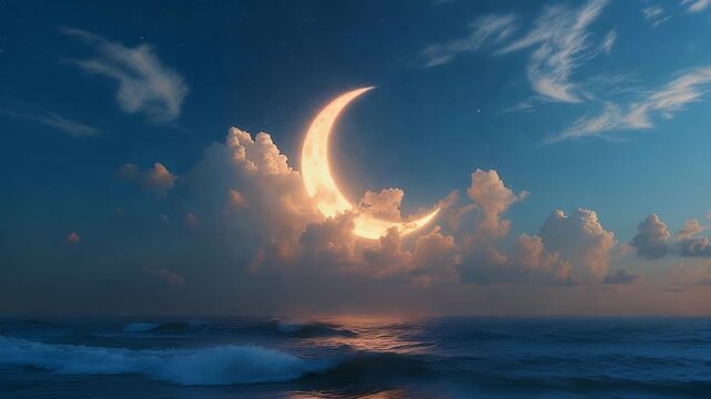 A serene and dreamy ocean landscape with a luminous crescent moon and clouds