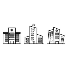 Fototapeta premium Modern hospital building icons featuring medical clinics healthcare centers and emergency facilities with cross symbols for professional healthcare branding and urban architectural design vector.
