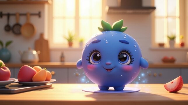 Personaje de ar&aacute;ndano de dibujos animados en 3D parado en la cocina