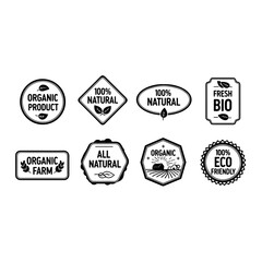 Collection of organic and natural product labels featuring eco friendly badges for fresh bio farm food healthy lifestyle branding and environmental sustainability marketing design vector elements.