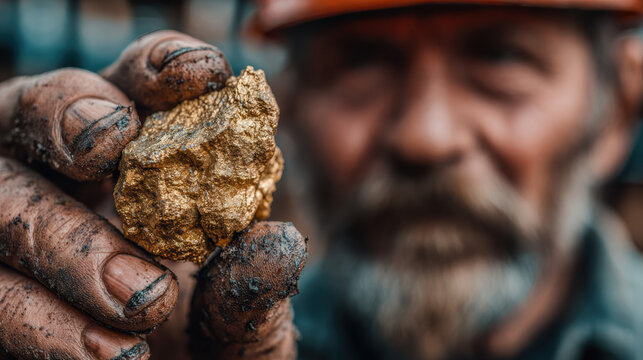 Miner holding raw gold nugget with value chart overlay, gold mining, discovery and asset concept 