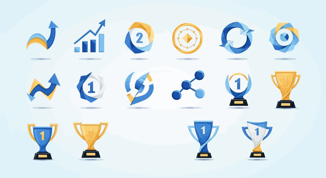 Title: Achievement and award icon set featuring trophies badges and success symbols representing accomplishment ranking victory and performance recognition ideal for gamification leaderboards educatio