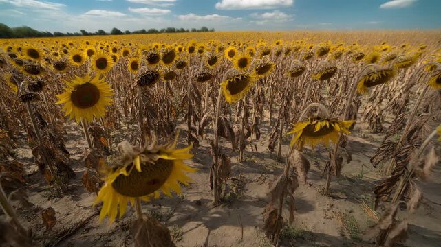 Time Lapse of Sunflowers Wilting and Drooping in Field during Drought