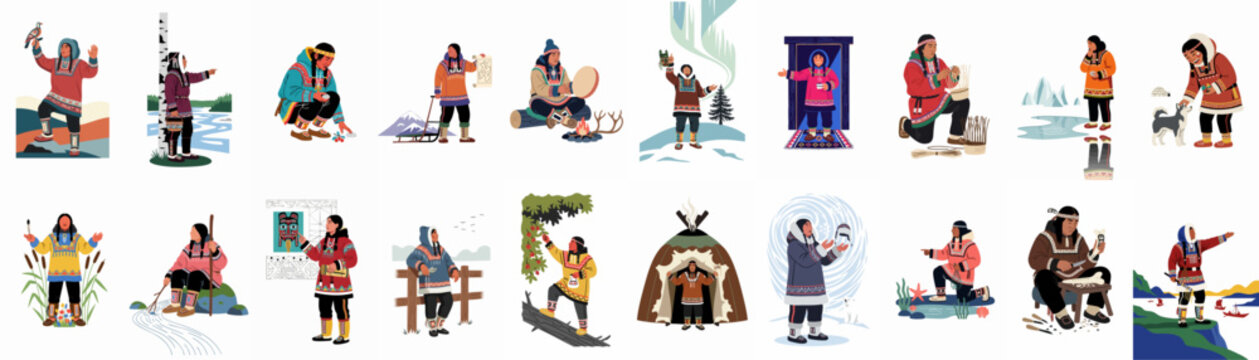Illustrations of Indigenous Circumpolar Peoples: Traditional Life, Culture, and Heritage in the Arctic Wilderness, featuring daily activities, rituals, and unique connection to nature.