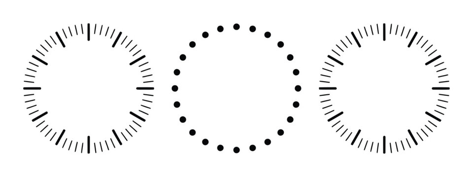 Mechanical clock face blank round dial with minute and second divisions, timer scale template, simple meter design, vector illustration