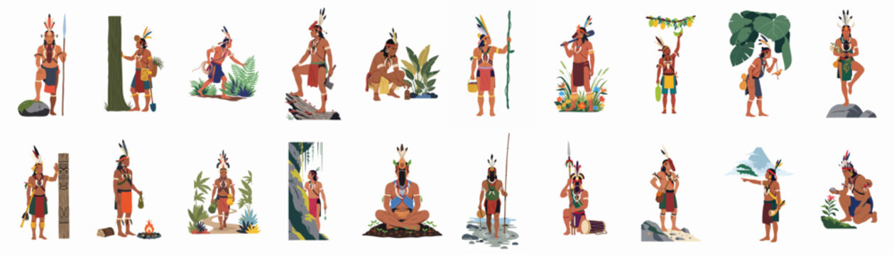 Diverse Illustrations of Amazonian Indigenous People Engaged in Traditional Hunting, Gathering, and Cultural Practices