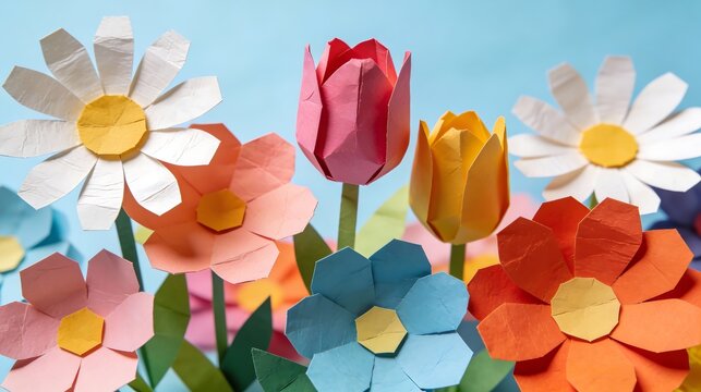 Colorful Paper Flowers Arrangement on Blue Background