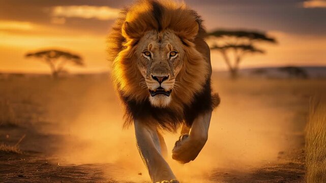 Majestic lion running on dusty savannah at sunset in African wilderness