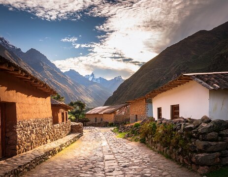 explore traditional peruvian village idyllic architecture cobblestone streets amidst mountain serenity