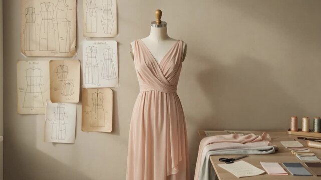 Elegant pink dress on mannequin with sewing patterns and fabric swatches in stylish tailor workshop