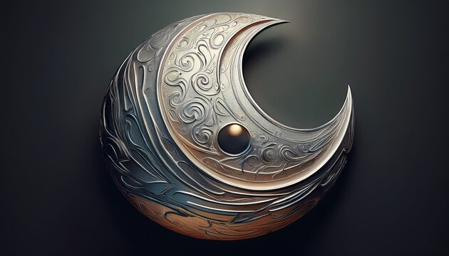 a silver moon shaped object with a black spot on it