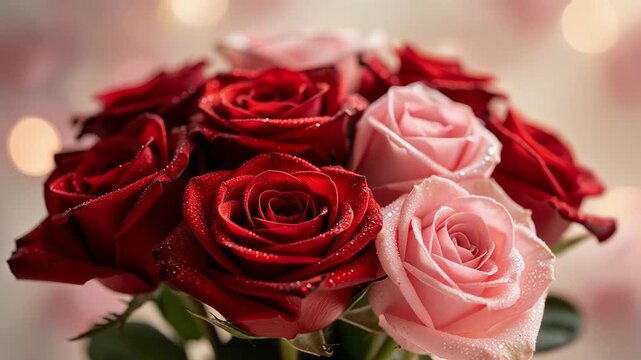 Close up of fresh red and pink roses bouquet with water droplets and soft background for romantic floral decoration