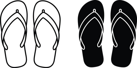 Flip flop sandals outline and silhouette vector illustration, summer beach footwear icon set isolated on white background