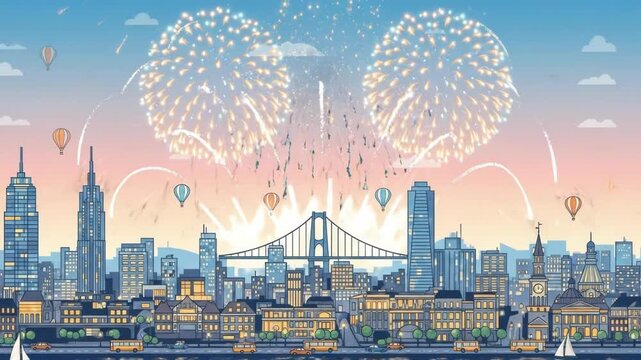 Festive city skyline with dazzling fireworks and hot air balloons