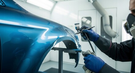 Professional auto body technician painting car part in modern workshop