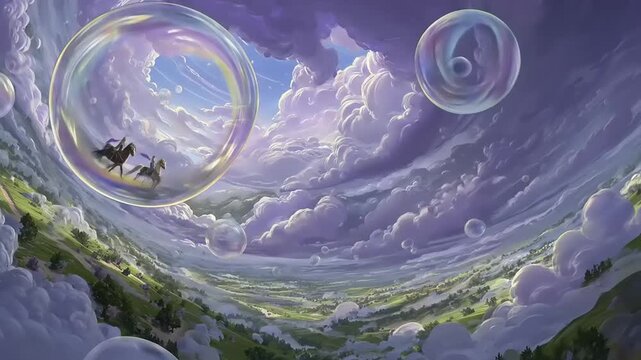 Fantasy landscape with figures riding steeds inside giant floating sphere amidst swirling purple clouds