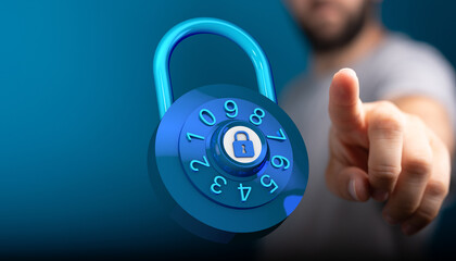 Secure digital data concept. Hand pointing at a lock, symbolizing protection, privacy, and online safety. Focus