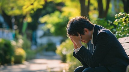 公園のベンチで頭を抱える日本人男性