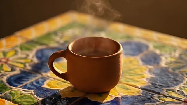 Steaming hot drink in a rustic clay mug sitting on a colorful mexican tiled table.