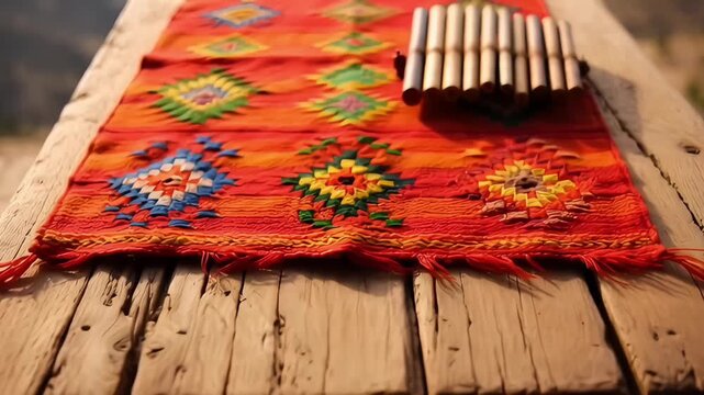 Traditional andean pan flute resting on a colorful woven textile over a rustic wooden table