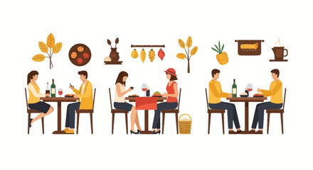 Fototapeta premium Flat Vector Set of People Dining and Socializing in Restaurant. Couples Eating Food, Drinking Wine, and Using Phones on Date Night.
