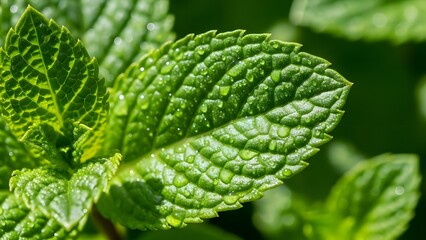 Close up of vibrant green mint leaves with textured surface and natural light