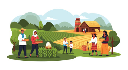 Fototapeta premium Diverse Family Farmers Harvesting Crops in Lush Rural Landscape: Agricultural Community Working Together