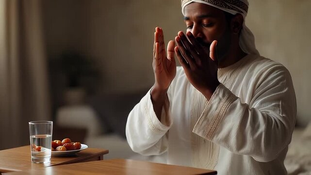 Muslim man in prayer before Iftar with dates and water at home
