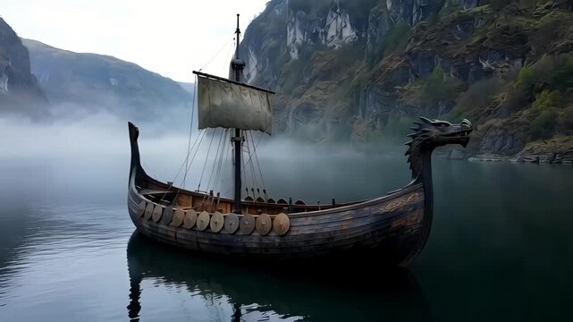 Historic viking longship with a dragon head sailing on a calm misty fjord surrounded by steep mountains
