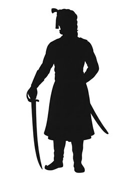 clean black silhouette of shivaji maharaj standing with hand on sword handle representing maratha authority jayanti celebration and indian historical heritage
