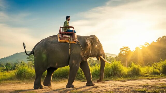 A man riding an Asian elephant through a scenic tropical landscape at sunset