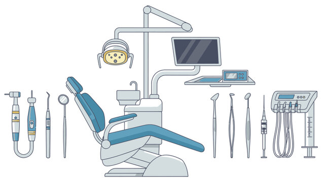 Illustration of a dental chair with various tools and equipment arranged around it on a clean white background.