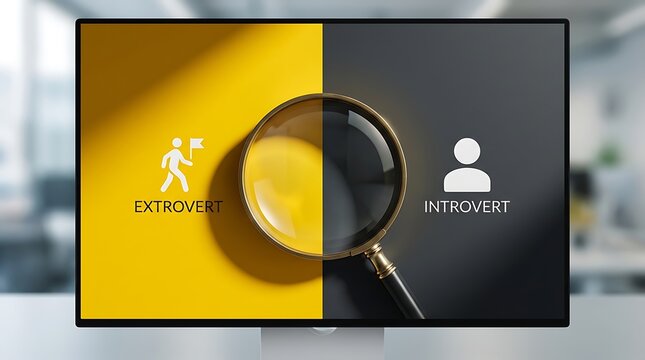 Extrovert and Introvert Personality Comparison Displayed on Computer Screen with Magnifying Glass Concept