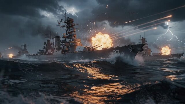 Naval battle scene with warships firing during stormy weather and lightning at sea
