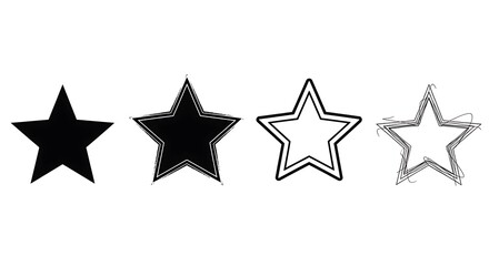 Obraz premium Four stylized star shapes, ranging from solid black to outlined and sketchy, on a white background