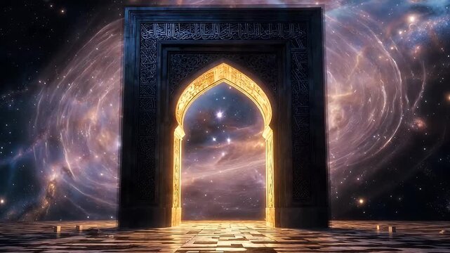 Mystical gateway portal to another dimension with cosmic nebula background scenery
