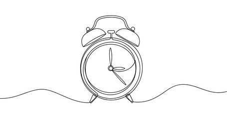 Minimalist line drawing of vintage alarm clock with bells and hands. no editable stroke