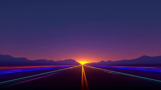 Endless digital highway rushing toward blazing horizon at twilight