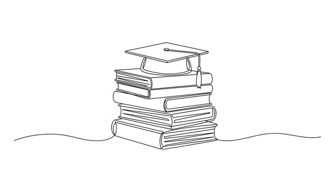 Minimalist graduation cap on stack of books illustration. no editable stroke