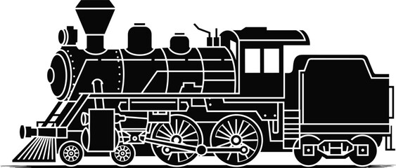 Vintage steam locomotive illustration, detailed black and white train drawing, industrial transportation artwork, classic railway engine design, mechanical engineering sketch, historical railroad art © Azizul360
