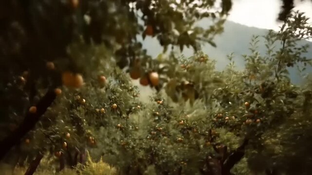Orchard with ripening fruit trees standing in sun-dappled field