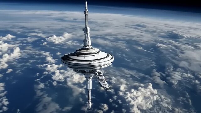 Futuristic orbital station hovering above planet clouds