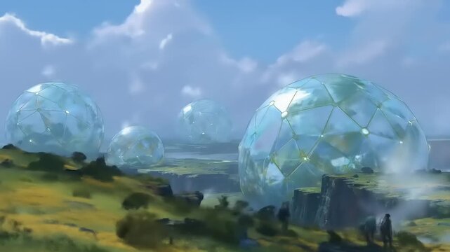Explorer observes colossal geodesic domes atop natural plateaus in a misty landscape