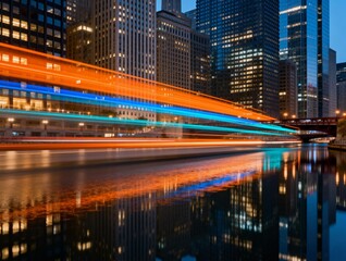 Fototapeta premium Chicago River with Light Trails at Dusk