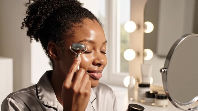 Young woman using a jade roller for facial massage and skincare routine in her luxurious bedroom promoting self-care and wellness practices at night